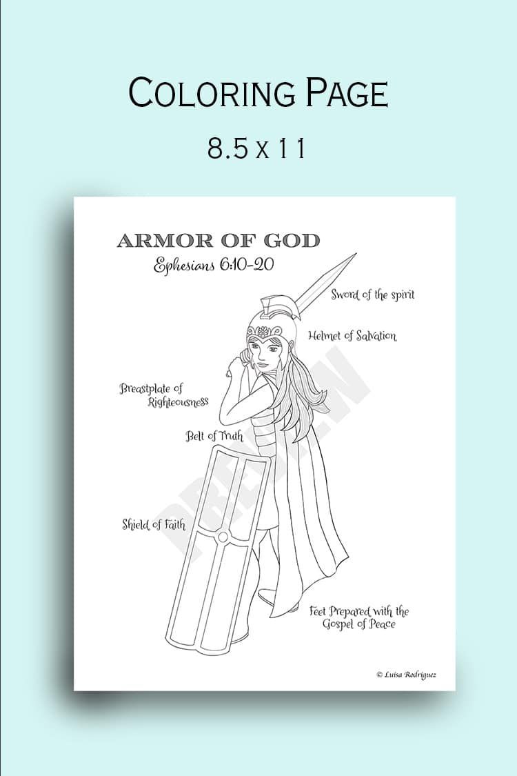Armor of God for kids coloring page that features a girl holding a sword and wearing armor. It also displays Ephesians 6:10-20.