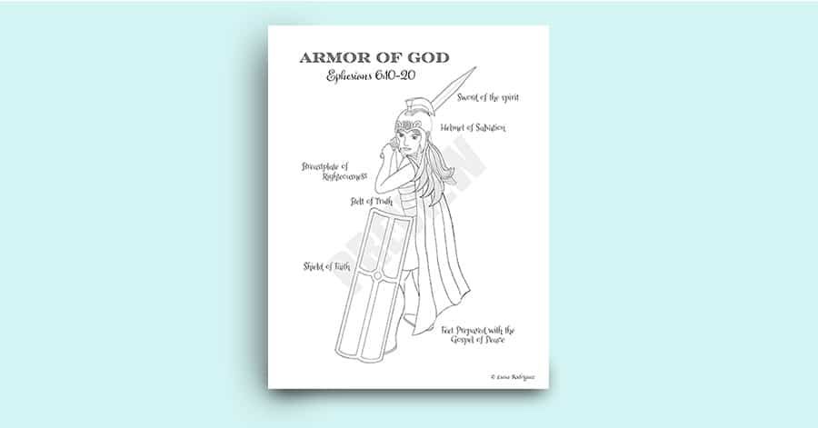 The armor of God for kids coloring page featuring a young girl with armor and Ephesians 6:10 displayed.