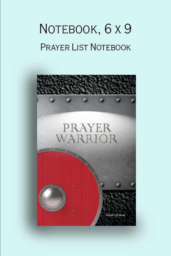 Shows image of 6 x 9 prayer list notebook with a red shield on a metal plate.